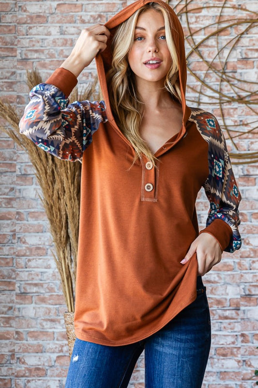 Heimish Full Size Half Button Printed Long Sleeve Hooded Top Mocha Brown Tops/Jackets/Sweaters Clothing Tops Heimish Ship from USA TikTok Trendsi USPS Walmart Trendsi https://www.cyberehub.com