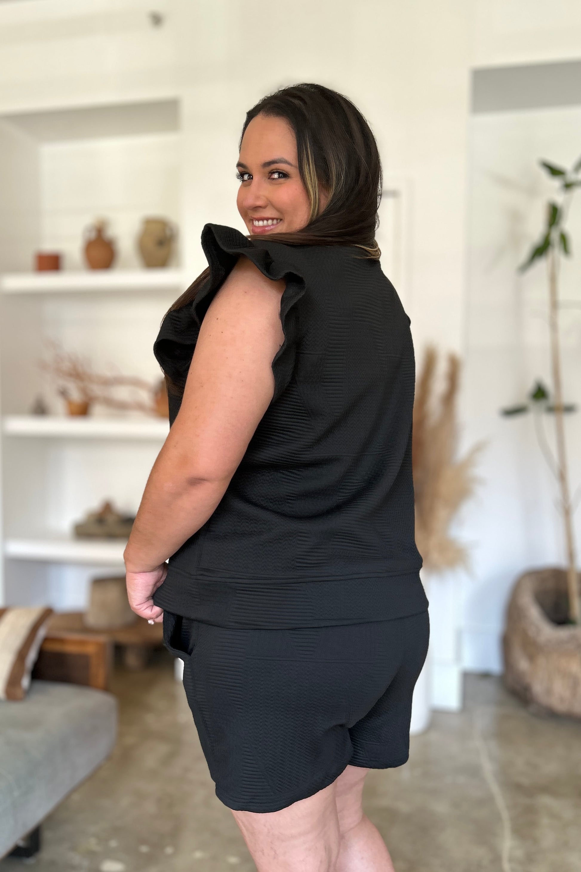 Double Take Full Size Texture Flounce Sleeve Top and Shorts Set Tops/Jackets/Sweaters Clothing Tops Double Take Ship from USA TikTok Trendsi USPS Walmart Trendsi https://www.cyberehub.com