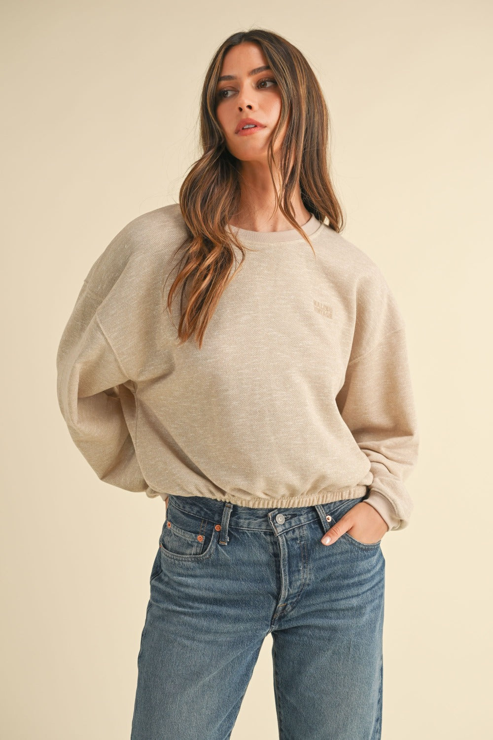 Mable Round Neck Letter Embroidery Crop Sweatshirt Taupe Tops/Jackets/Sweaters Clothing Tops MABLE Ship from USA TikTok Trendsi USPS Walmart Trendsi https://www.cyberehub.com