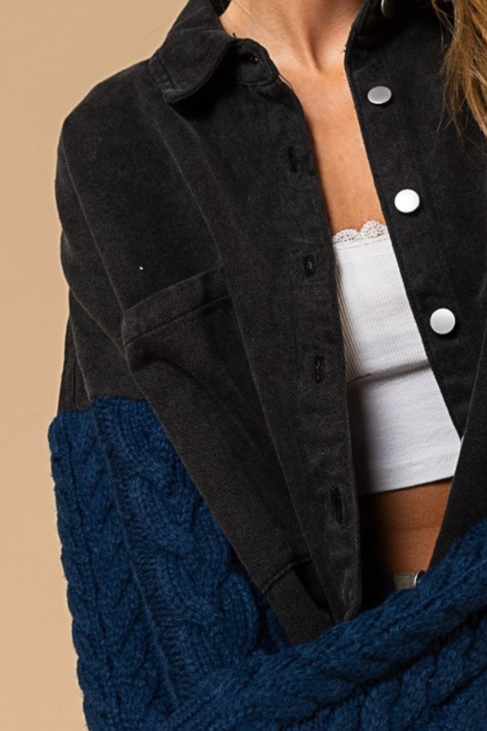 POL Contrast Sweater Sleeve Button Down Shacket Shirt Apparel Clothing Tops POL Ship from USA Shirts USA Women Trendsi https://www.cyberehub.com