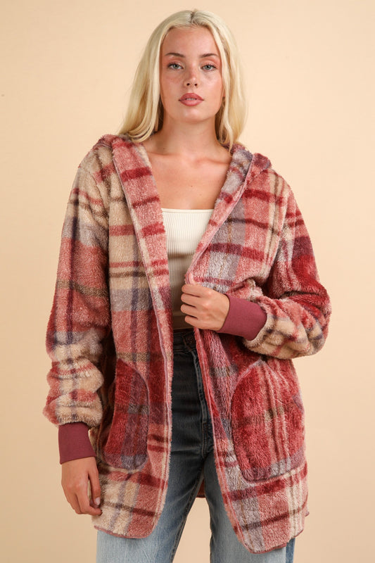 VERY J Fuzzy Plaid Long Sleeve Hooded Jacket Mauve Mix Tops/Jackets/Sweaters Clothing Tops Ship from USA TikTok Trendsi USPS VERY J Walmart Trendsi https://www.cyberehub.com