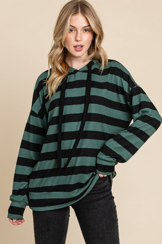 BOMBOM Drawstring Striped Dropped Shoulder Hoodie Forest Green Black Apparel/Tops BOMBOM Ship from USA TikTok Tops Trendsi USPS Walmart Walmart Apparel Trendsi https://www.cyberehub.com