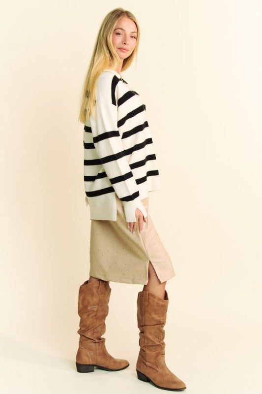 Davi & Dani High-Low Side Slit Striped Johnny Collar Sweater Tops/Jackets/Sweaters Clothing Tops Davi & Dani Ship from USA TikTok Trendsi USPS Walmart Trendsi https://www.cyberehub.com