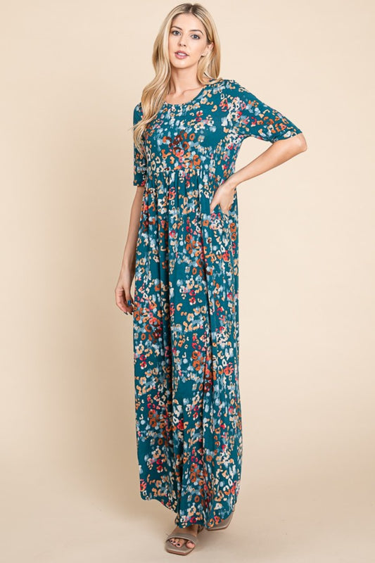 BOMBOM Printed Shirred Maxi Dress Teal Apparel/Dress BOMBOM Dress Ship from USA TikTok Trendsi USPS Walmart Walmart Apparel Trendsi https://www.cyberehub.com
