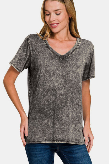 Zenana Full Size Washed Short Sleeve V-Neck T-Shirt Dark Gray Apparel/Tops Ship from USA TikTok Tops Trendsi USPS Walmart Walmart Apparel Zenana Trendsi https://www.cyberehub.com