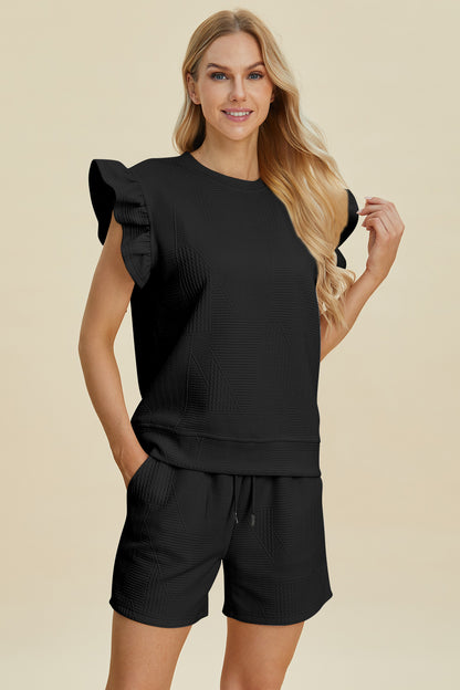 Double Take Full Size Texture Round Neck Ruffle Sleeve Top and Shorts Set Tops/Jackets/Sweaters Clothing Tops Double Take Ship from USA TikTok Trendsi USPS Walmart Trendsi https://www.cyberehub.com