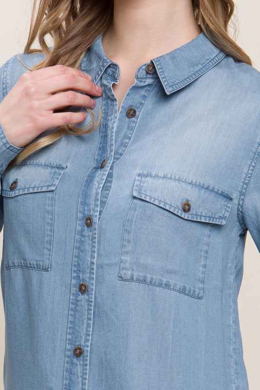 Love Tree Scooped Hem Button Up Denim Shirt Apparel/Tops LOVE TREE Memorial Day Sale Ship from USA TikTok Tops Trendsi USPS Walmart Walmart Apparel Trendsi https://www.cyberehub.com
