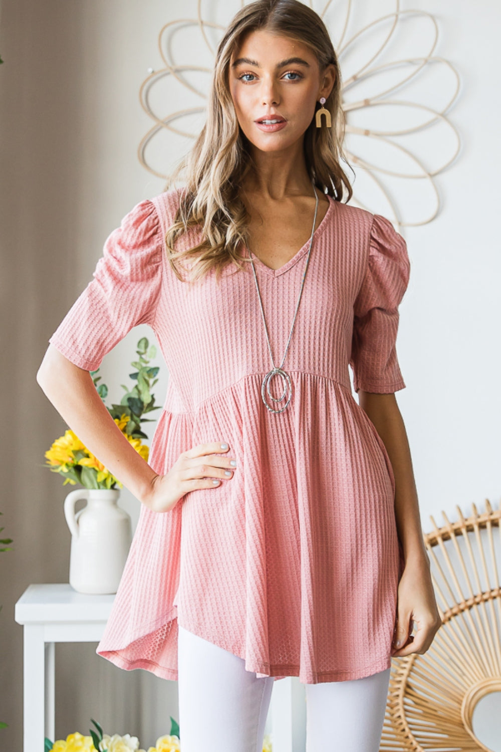Heimish Full Size Waffle Knit V-Neck Babydoll Top Apparel/Tops Heimish Ship from USA TikTok Tops Trendsi USPS Walmart Walmart Apparel Trendsi https://www.cyberehub.com