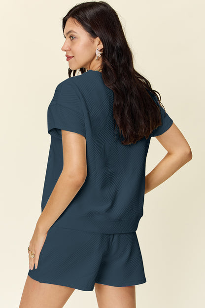 Double Take Full Size Texture Short Sleeve T-Shirt and Drawstring Shorts Set Apparel/Tops Double Take Ship from USA TikTok Tops Trendsi USPS Walmart Walmart Apparel Trendsi https://www.cyberehub.com