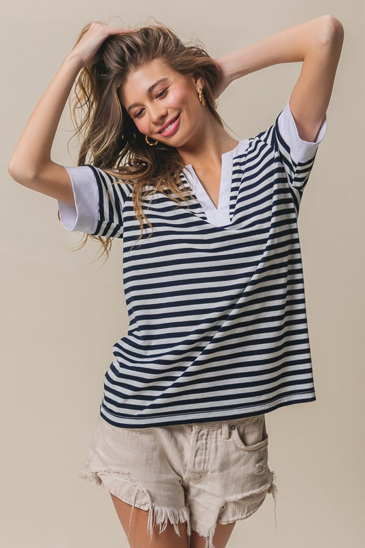 BiBi Contrast Striped Notched Knit Top Black Ivory Shirt Apparel BiBi Clothing Tops Ship from USA Shirts USA Women Trendsi https://www.cyberehub.com