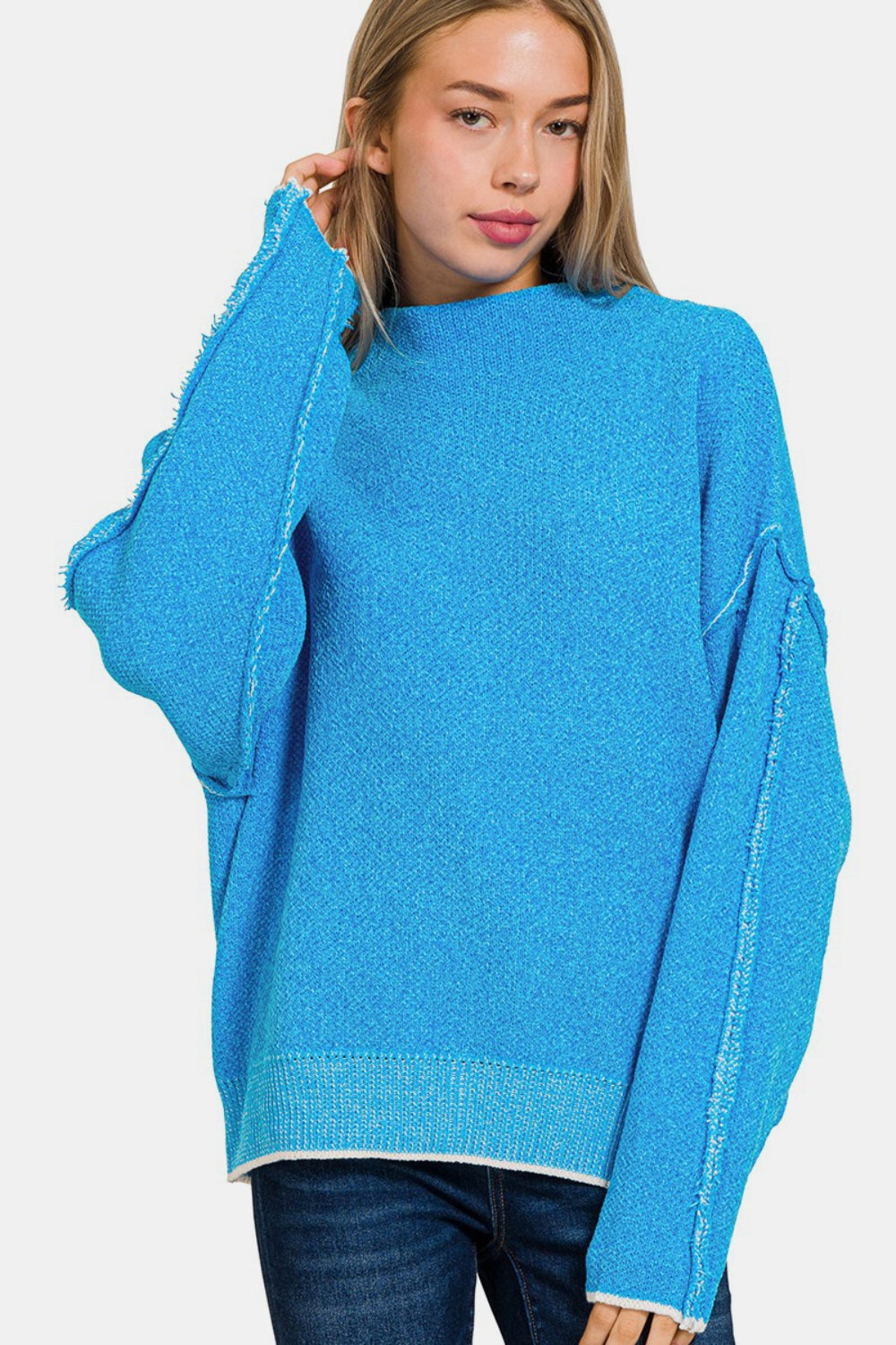 Zenana Exposed Seam Mock Neck Long Sleeve Sweater Deep Sky Shirt Apparel Clothing Tops price-change-job-active Ship from USA Shirts USA Women Zenana Trendsi https://www.cyberehub.com