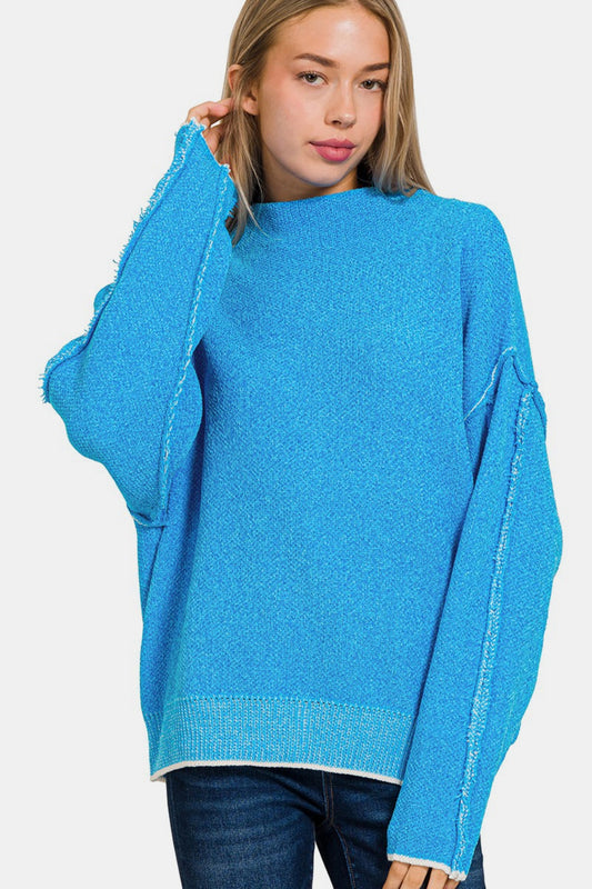 Zenana Exposed Seam Mock Neck Long Sleeve Sweater Deep Sky Shirt Apparel Clothing Tops price-change-job-active Ship from USA Shirts USA Women Zenana Trendsi https://www.cyberehub.com