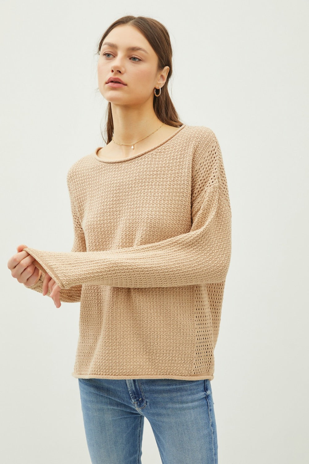 Be Cool Rolled Openwork Round Neck Sweater Taupe Tops/Jackets/Sweaters BE COOL Clothing Tops Ship from USA TikTok Trendsi USPS Walmart Trendsi https://www.cyberehub.com