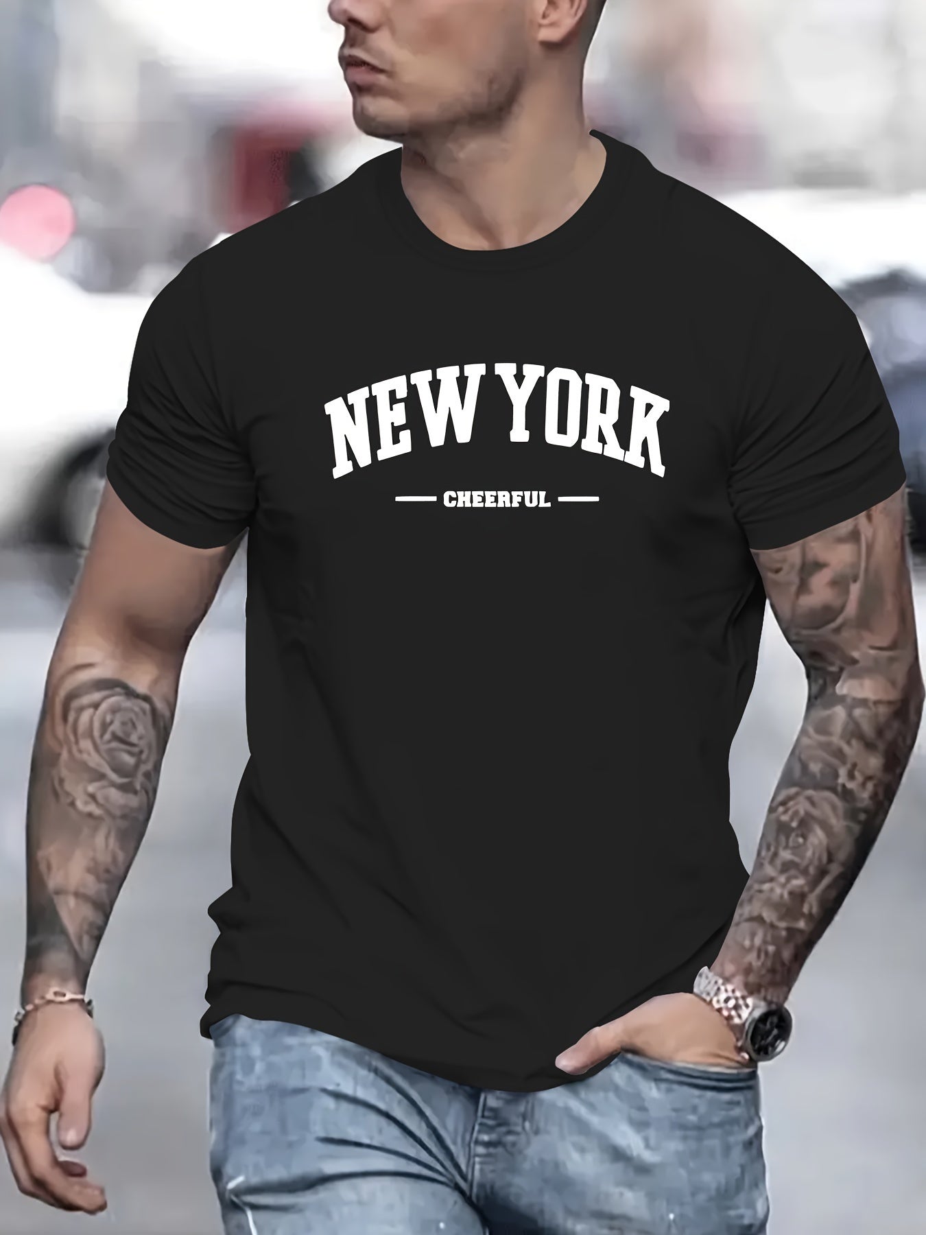 Men's New York Creative Printed Casual Novelty T-shirt, Short Sleeved Summer&spring Top, Comfortable Fit, Fashionable Street Casual Round Neck T-shirt, Suitable For Daily Wear Apparel/Shirt/Graphic Shirt SNULLO https://www.cyberehub.com