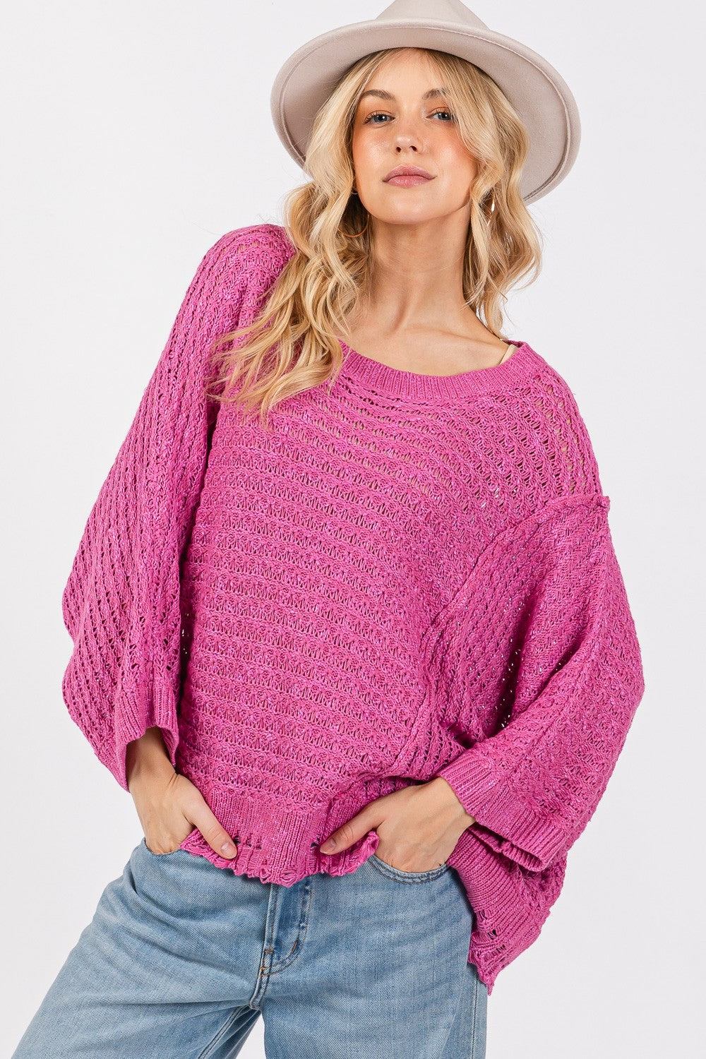 SAGE + FIG Distressed Asymmetrical Open Stitch Sweater Magenta Shirt Apparel Clothing Tops SAGE+FIG Ship from USA Shirts USA Women Trendsi https://www.cyberehub.com