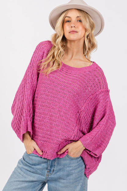 SAGE + FIG Distressed Asymmetrical Open Stitch Sweater Magenta Shirt Apparel Clothing Tops SAGE+FIG Ship from USA Shirts USA Women Trendsi https://www.cyberehub.com