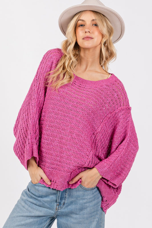 SAGE + FIG Distressed Asymmetrical Open Stitch Sweater Magenta Shirt Apparel Clothing Tops SAGE+FIG Ship from USA Shirts USA Women Trendsi https://www.cyberehub.com