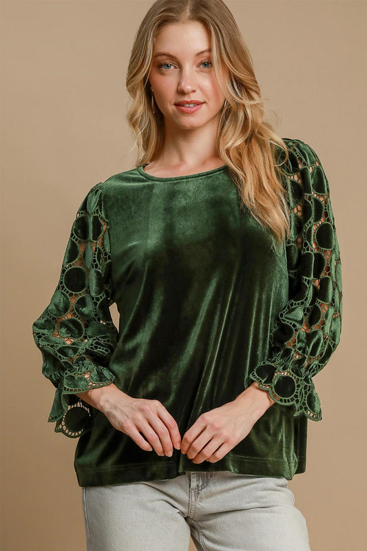 Umgee Polka Dot Lace Long Sleeve Round Neck Blouse Olive Apparel Apparel Ship from USA TikTok Trendsi Umgee USA Trendsi https://www.cyberehub.com