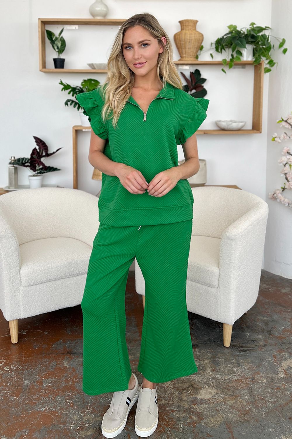 Double Take Texture Ruffle Short Sleeve Top and Drawstring Wide Leg Pants Set Apparel/Tops Double Take Ship from USA TikTok Tops Trendsi USPS Walmart Walmart Apparel Trendsi https://www.cyberehub.com