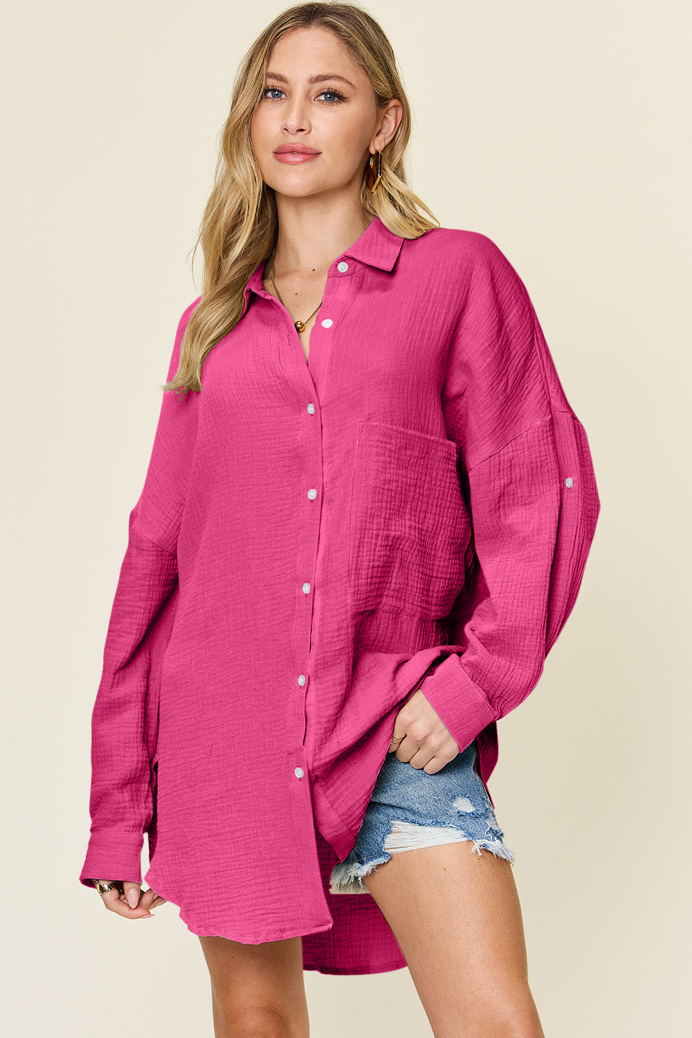 Double Take Full Size Pocketed Texture Button Up Shirt Hot Pink Apparel/Tops Double Take Ship from USA TikTok Tops Trendsi USPS Walmart Walmart Apparel Trendsi https://www.cyberehub.com