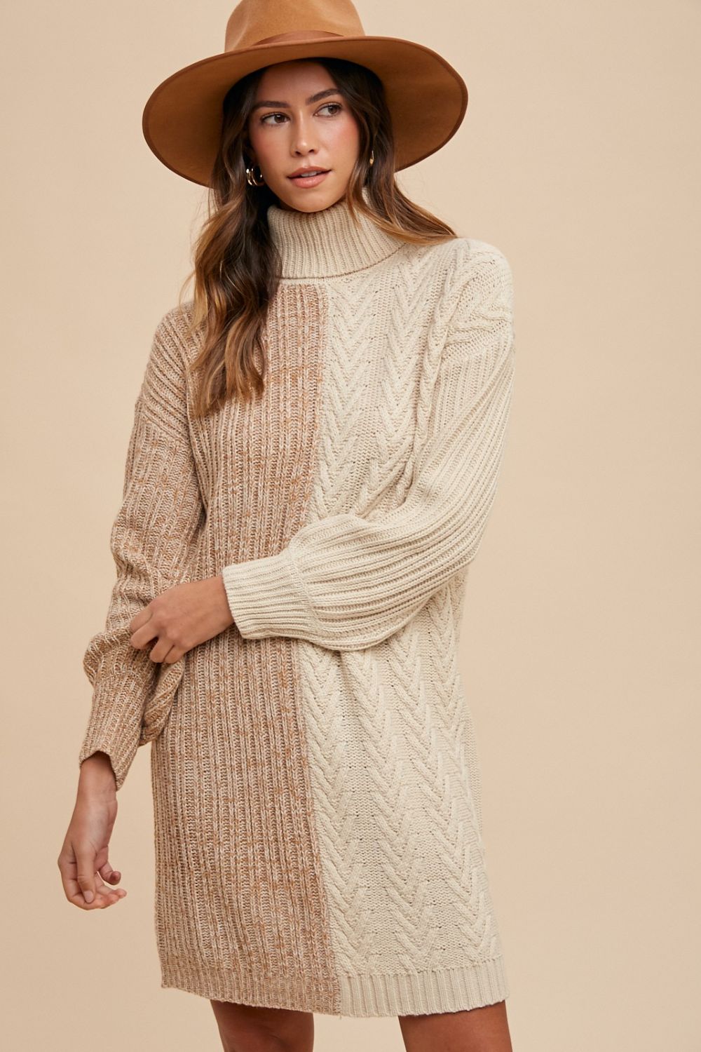 Annie Wear Color Block Turtleneck Sweater Dress Taupe Apparel Annie Wear Apparel Ship from USA TikTok Trendsi Trendsi https://www.cyberehub.com