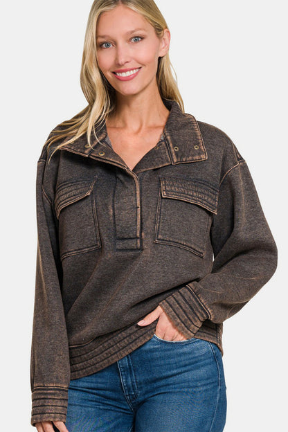 Zenana Acid Washed Half Snap Fleece Sweatshirt Ash Black Tops/Jackets/Sweaters Clothing Tops Ship from USA TikTok Trendsi USPS Walmart Zenana Trendsi https://www.cyberehub.com