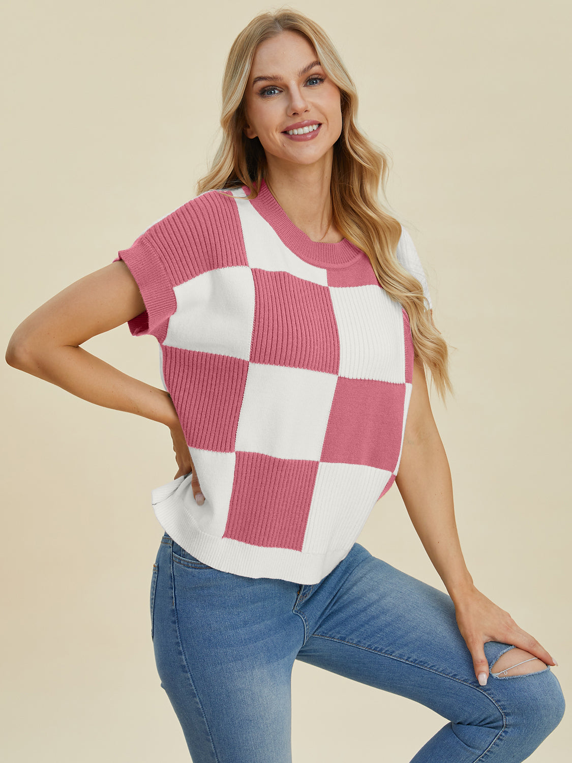 Double Take Full Size Checkered Round Neck Short Sleeve Sweater Shirt Apparel Clothing Tops Double Take Ship from USA Shirts USA Women Trendsi https://www.cyberehub.com