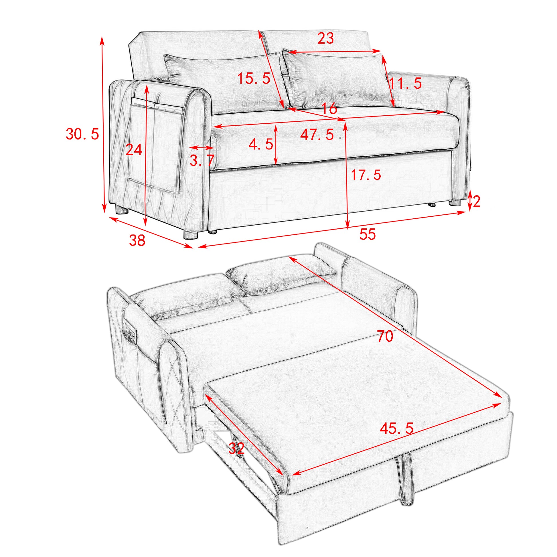 55" Modern Convertible Sofa Bed with 2 Detachable Arm Pockets, Velvet Loveseat Sofa with Pull Out Bed, 2 Pillows and Living Room Adjustable Backrest, Grid Design Armrests Giga GNJ Home Home & Garden Sofa Walmart Giga https://www.cyberehub.com