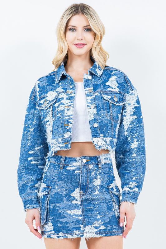 American Bazi Jacquard Trim Cropped Denim Jacket Blue Combo Tops/Jackets/Sweaters American Bazi Clothing Tops Ship from USA TikTok Trendsi USPS Walmart Trendsi https://www.cyberehub.com