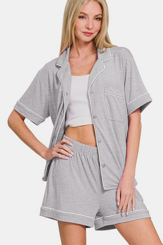 Zenana Button Down Short Sleeve Top and Shorts Lounge Set Apparel Apparel Ship from USA TikTok Trendsi Zenana Trendsi https://www.cyberehub.com