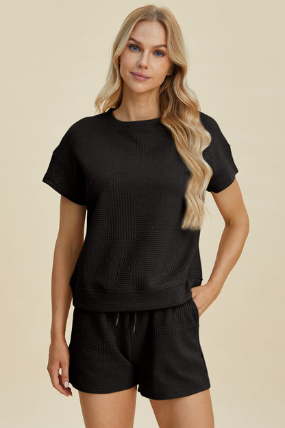 Double Take Full Size Texture Short Sleeve Top and Shorts Set Tops/Jackets/Sweaters Clothing Tops Double Take Outlets 2.20-3.30 Ship from USA TikTok Trendsi USPS Walmart Trendsi https://www.cyberehub.com