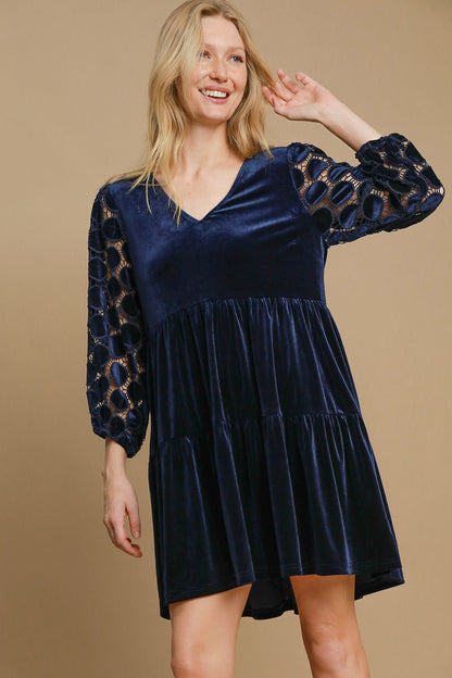 Umgee Dotted Lace Sleeve Tiered Velvet Mini Dress Navy Apparel Apparel Ship from USA TikTok Trendsi Umgee USA Trendsi https://www.cyberehub.com