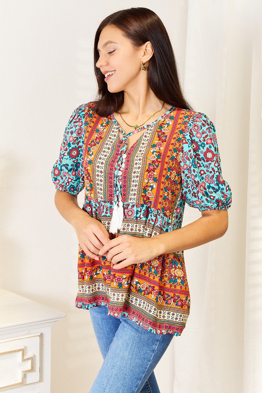 Devine Bohemian Tassel Tie Puff Sleeve Babydoll Blouse Apparel/Tops Doorbusters Double Take Ship from USA TikTok Tops Trendsi USPS Walmart Walmart Apparel Trendsi https://www.cyberehub.com