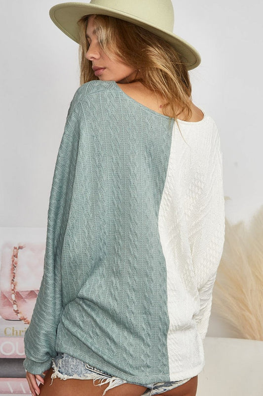 BiBi Twist Front Contrast Cable Knit Top Shirt Apparel BiBi Clothing Tops Ship from USA Shirts USA Women Trendsi https://www.cyberehub.com