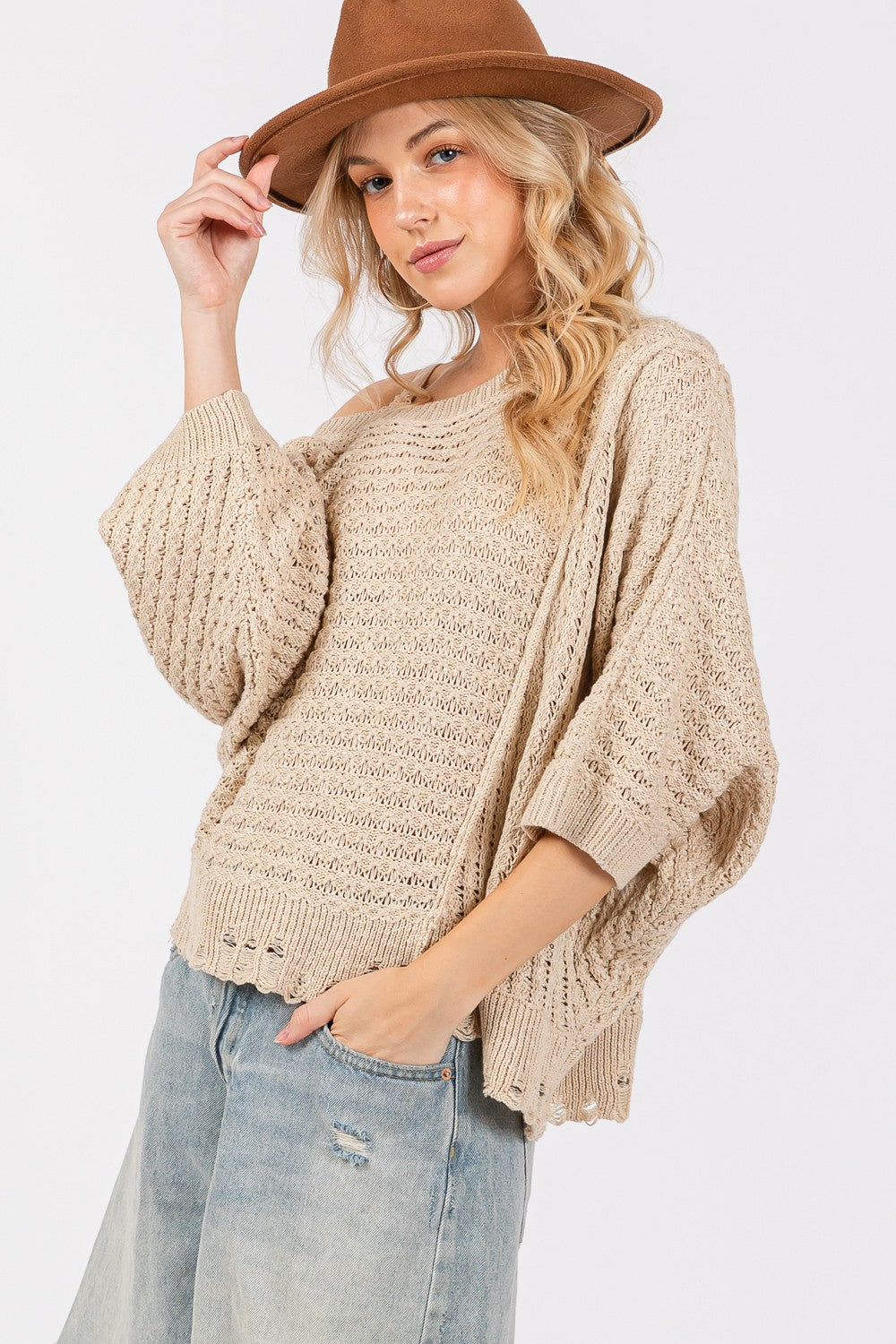 SAGE + FIG Distressed Asymmetrical Open Stitch Sweater Shirt Apparel Clothing Tops SAGE+FIG Ship from USA Shirts USA Women Trendsi https://www.cyberehub.com