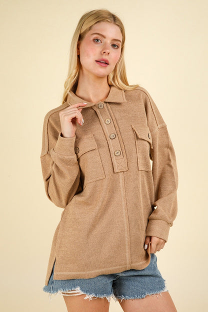 VERY J Collared Half Button Knit Top with Pockets Shirt Apparel Clothing Tops price-change-job-active Ship from USA Shirts USA VERY J Women Trendsi https://www.cyberehub.com