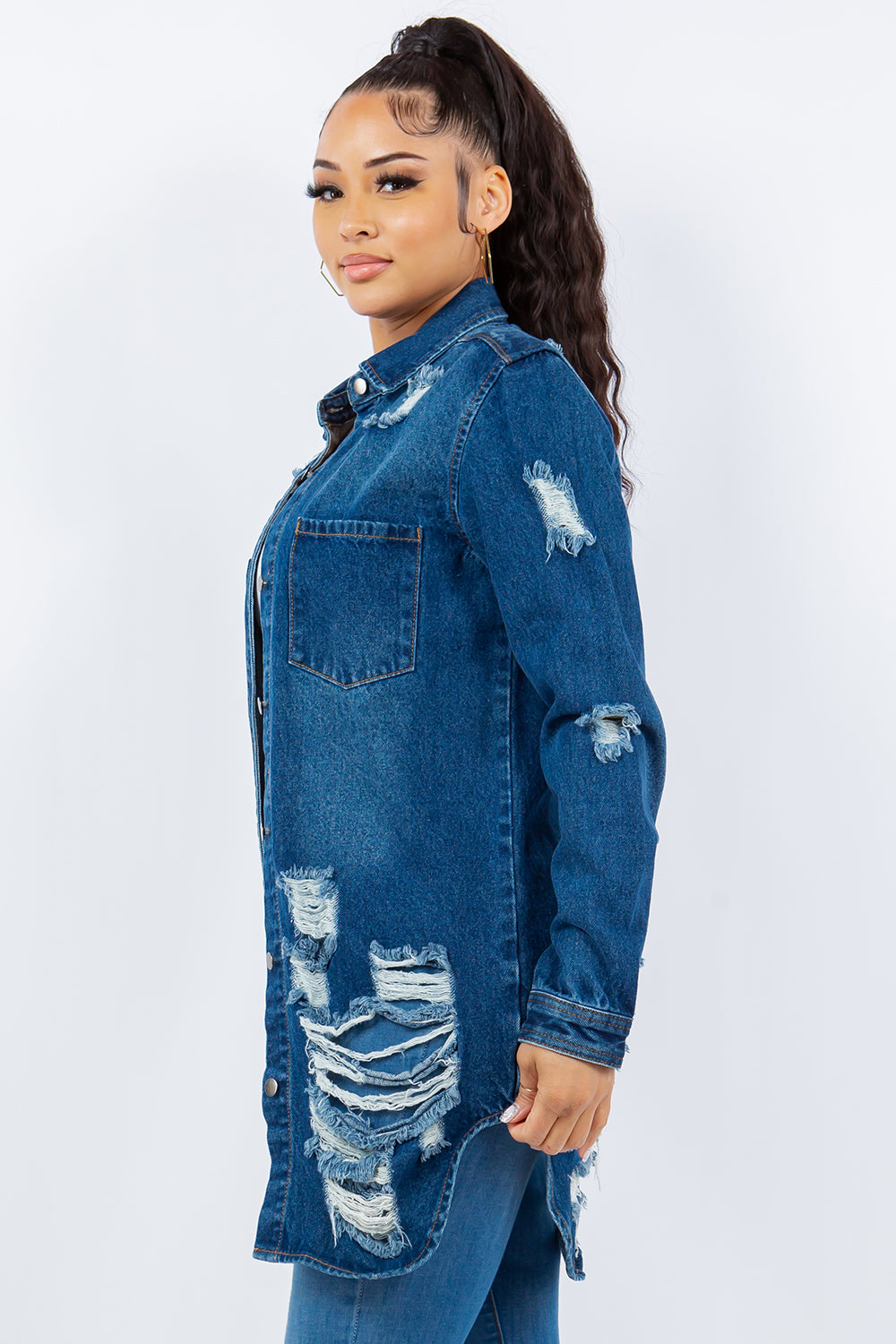 American Bazi Distressed Button Up Long Sleeve Denim Jacket Tops/Jackets/Sweaters American Bazi Clothing Tops Ship from USA TikTok Trendsi USPS Walmart Trendsi https://www.cyberehub.com