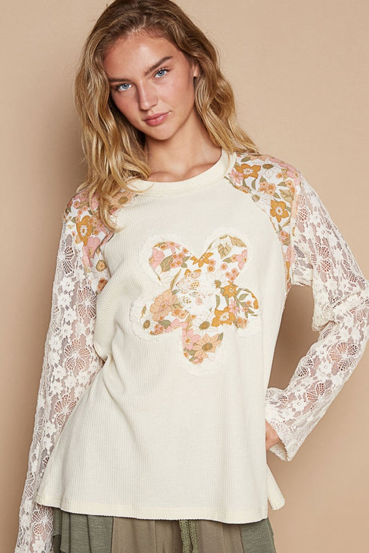 POL Flower Patch Lace Sleeve Knit Top Cream Shirt Apparel Clothing Tops POL Ship from USA Shirts USA Women Trendsi https://www.cyberehub.com