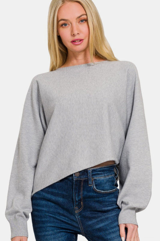 Zenana Asymmetric Hem Long Sleeve Sweater H Grey Shirt Apparel Clothing Tops Ship from USA Shirts USA Women Zenana Trendsi https://www.cyberehub.com