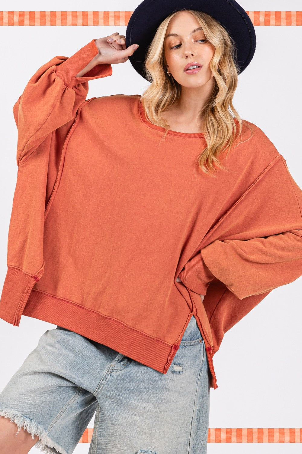 SAGE + FIG Mineral Wash Side Slit Oversized Sweatshirt Tops/Jackets/Sweaters Clothing Tops SAGE+FIG Ship from USA TikTok Trendsi USPS Walmart Trendsi https://www.cyberehub.com