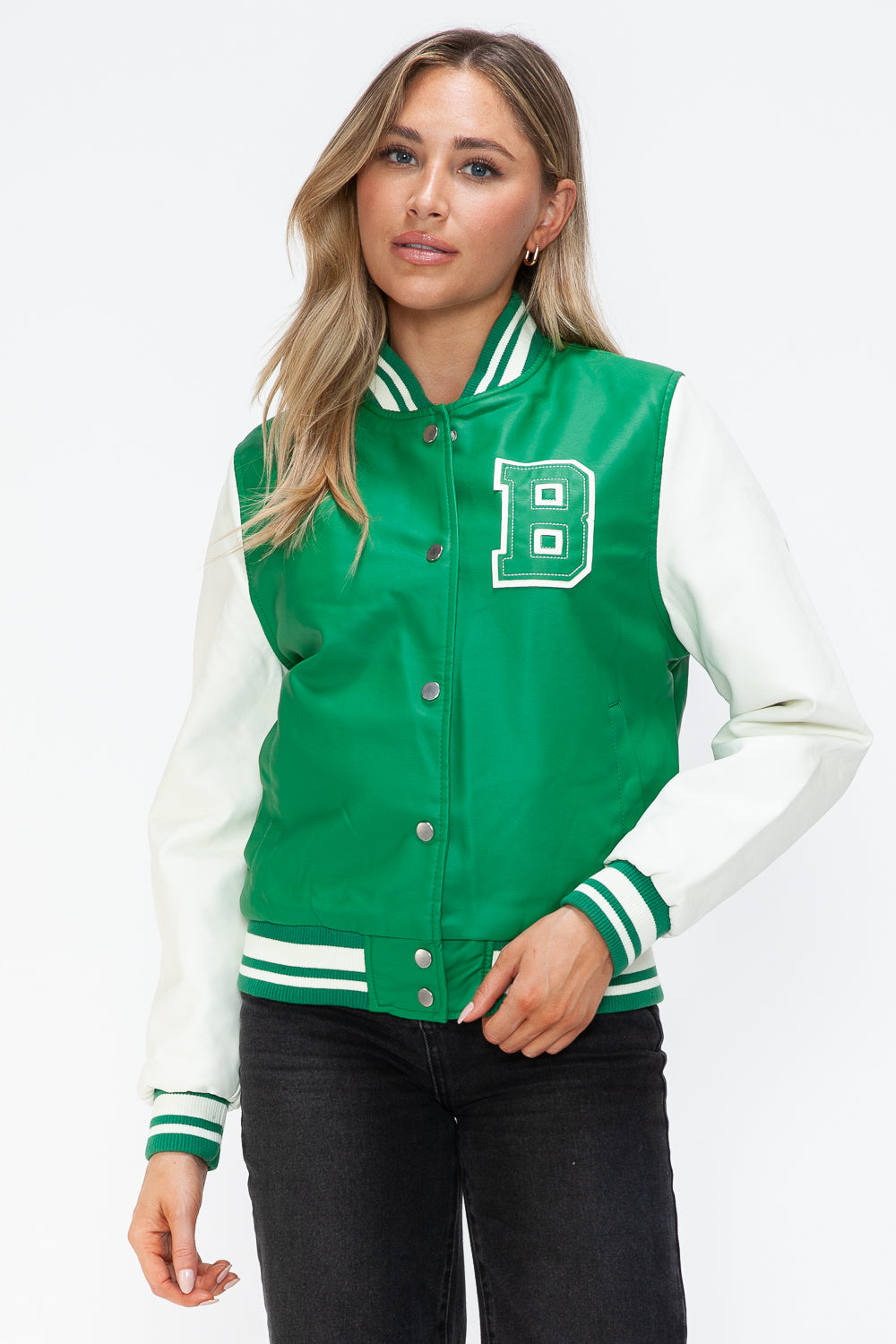 Love Me Now PU Leather Contrast Snap Down Bomber Jacket Green Milk Tops/Jackets/Sweaters Clothing Tops Love Me Now Ship from USA TikTok Trendsi USPS Walmart Trendsi https://www.cyberehub.com