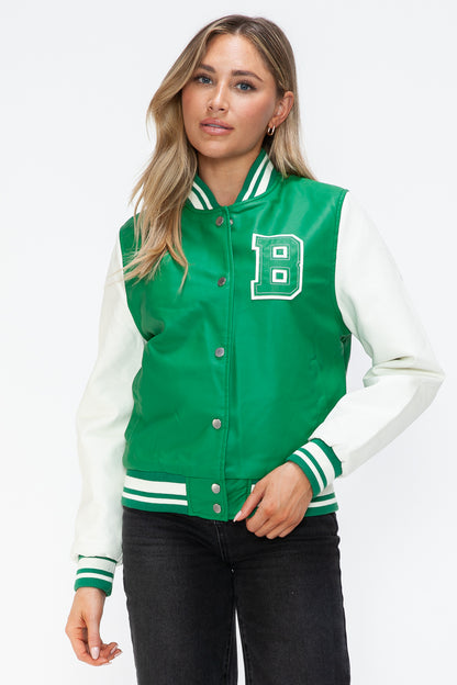 Love Me Now PU Leather Contrast Snap Down Bomber Jacket Green Milk Tops/Jackets/Sweaters Clothing Tops Love Me Now Ship from USA TikTok Trendsi USPS Walmart Trendsi https://www.cyberehub.com