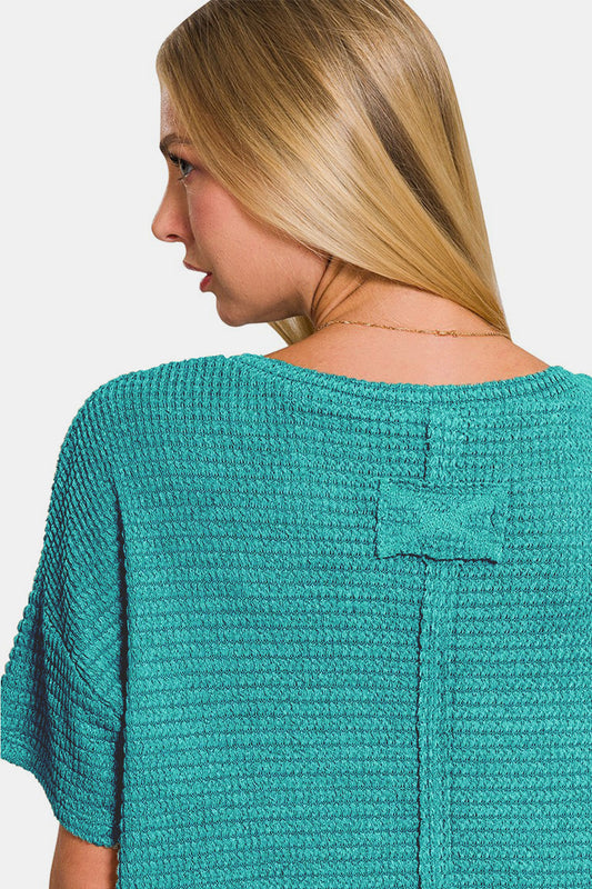 Zenana Drop Shoulder Short Sleeve Jacquard Knit Top Shirt Apparel Clothing Tops Ship from USA Shirts USA Women Zenana Trendsi https://www.cyberehub.com