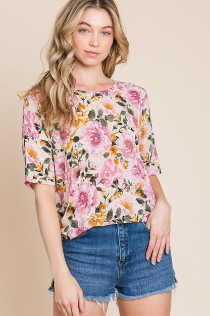 BOMBOM Floral Round Neck T-Shirt Apparel/Tops BOMBOM Ship from USA TikTok Tops Trendsi USPS Walmart Walmart Apparel Trendsi https://www.cyberehub.com