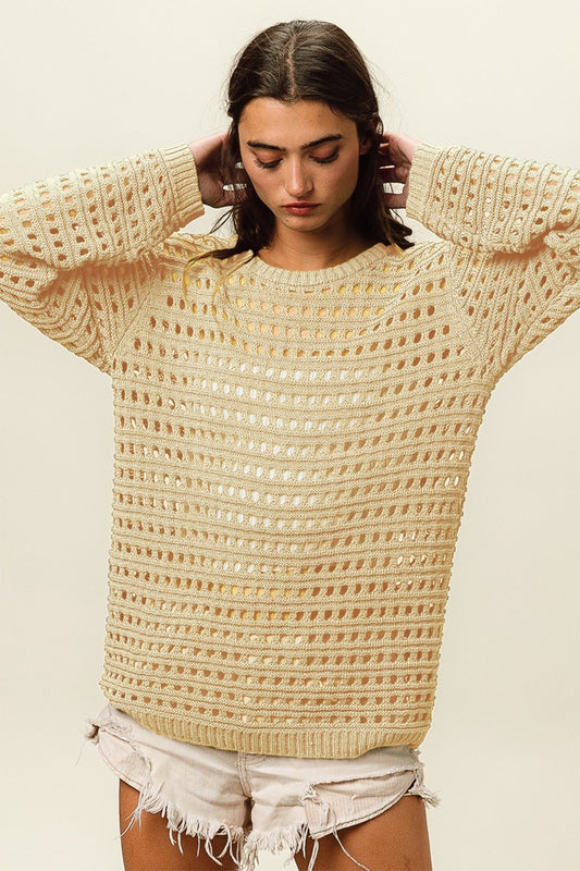 BiBi Round Neck Openwork Knit Cover Up Oatmeal Shirt Apparel BiBi Clothing Tops Ship from USA Shirts USA Women Trendsi https://www.cyberehub.com