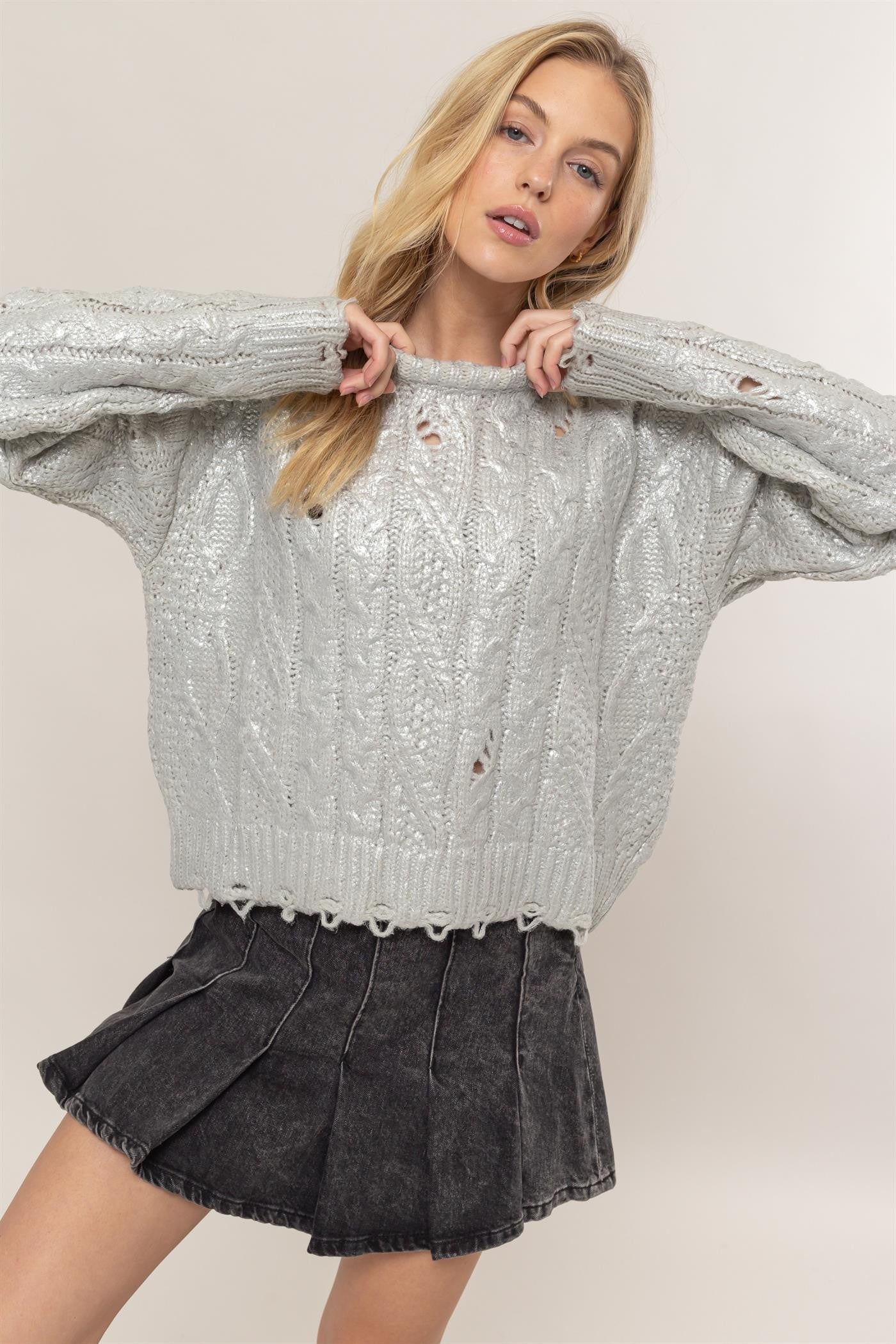 HYFVE Distressed Cable-Knit Round Neck Long Sleeve Sweater Silver Tops/Jackets/Sweaters Clothing Tops HYFVE Ship from USA TikTok Trendsi USPS Walmart Trendsi https://www.cyberehub.com