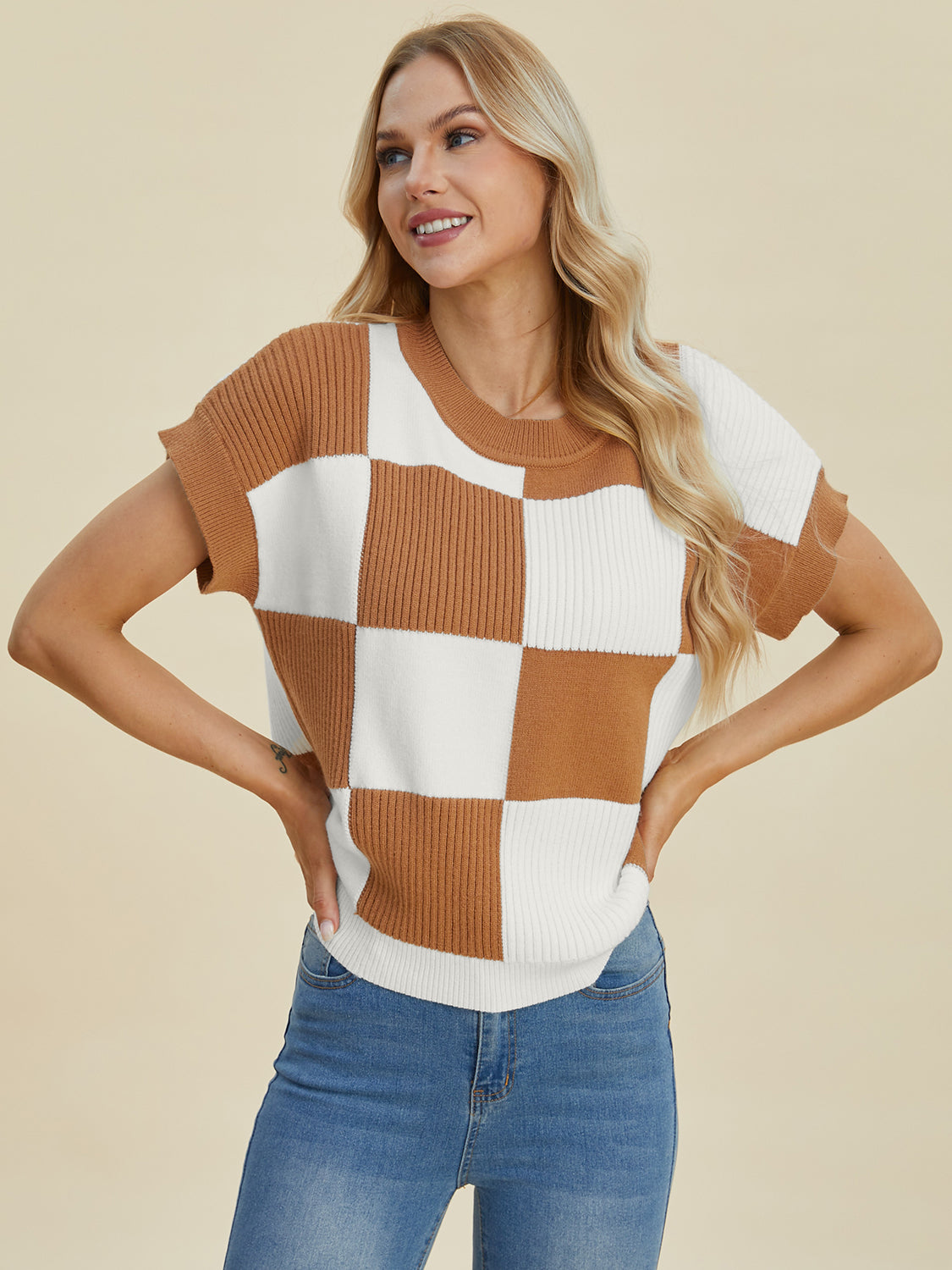 Double Take Full Size Checkered Round Neck Short Sleeve Sweater Shirt Apparel Clothing Tops Double Take Ship from USA Shirts USA Women Trendsi https://www.cyberehub.com