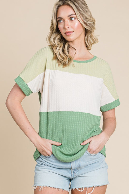 BOMBOM Color Block Short Sleeve T-Shirt Green Multi Tops/Jackets/Sweaters BOMBOM Clothing Tops Ship from USA TikTok Trendsi USPS Walmart Trendsi https://www.cyberehub.com