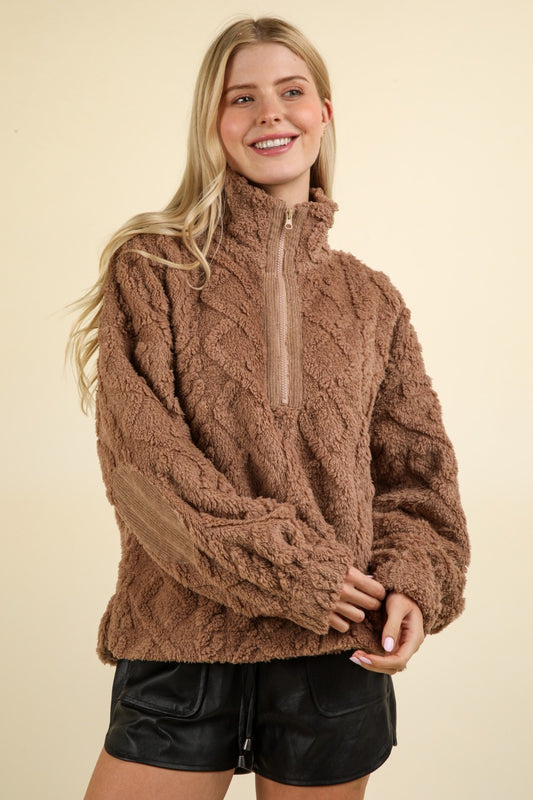 VERY J Fuzzy Fleece Half Zip Cable Pattern Sweatshirt Mocha Tops/Jackets/Sweaters Clothing Tops Ship from USA TikTok Trendsi USPS VERY J Walmart Trendsi https://www.cyberehub.com