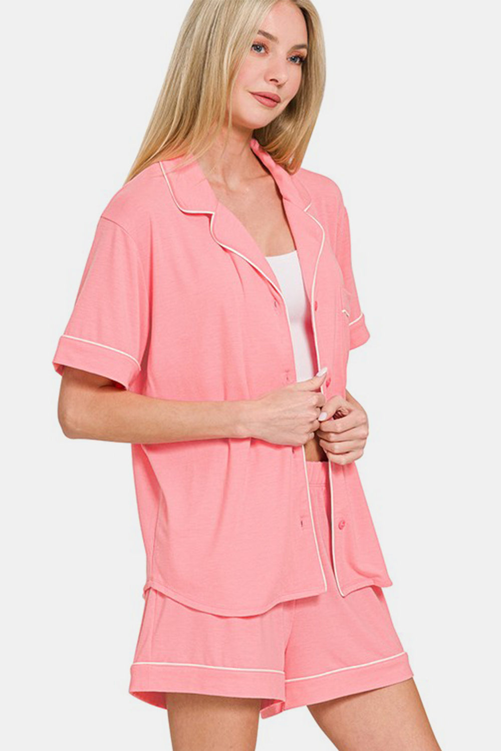 Zenana Button Down Short Sleeve Top and Shorts Lounge Set Apparel Apparel Ship from USA TikTok Trendsi Zenana Trendsi https://www.cyberehub.com